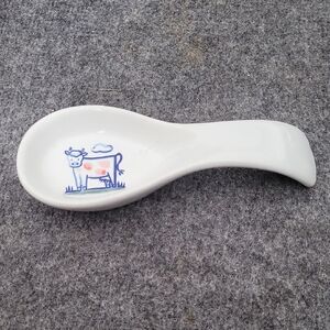 Vintage White Ceramic Spoon Rest with Blue Cow Design